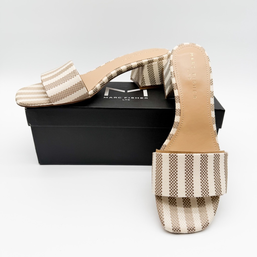 Marc Fisher LTD Olysa Block Heel Slide Sandals Striped Natural Tan 9.5 NEW - Picture 2 of 14